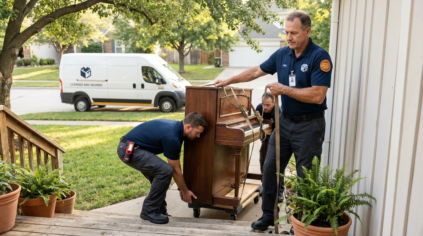 Licensed piano movers securing grand piano in Manchester, WA