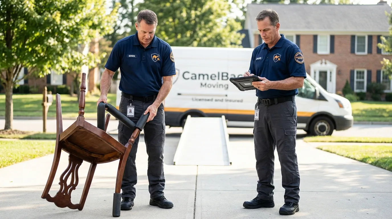 Movers inspecting furniture for damage prevention before loading in Manchester, WA