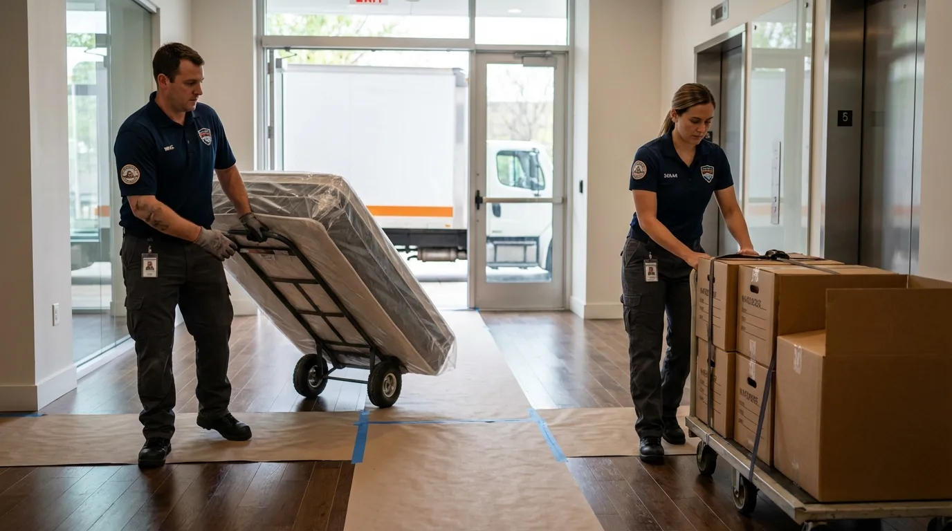 Professional apartment movers loading elevator in Manchester, WA
